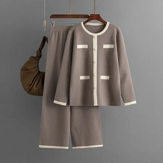 Knitted wide leg pants slimming and age reducing two-piece set, small fragrance style fashionable casual suit for women - Memoriex 