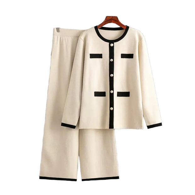 Knitted wide leg pants slimming and age reducing two-piece set, small fragrance style fashionable casual suit for women - Memoriex 
