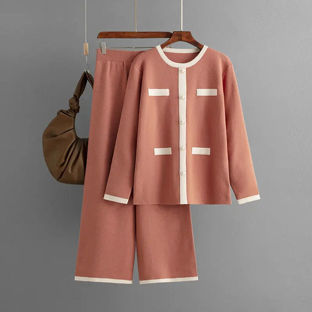 Knitted wide leg pants slimming and age reducing two-piece set, small fragrance style fashionable casual suit for women - Memoriex 