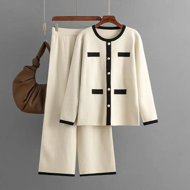 Knitted wide leg pants slimming and age reducing two-piece set, small fragrance style fashionable casual suit for women - Memoriex 
