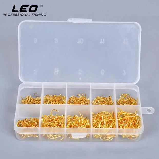 LEO 500pcs/box Multiple Sizes Golden Fishing Hooks Anti-corrosion Flat Head Barbed - Memoriex 