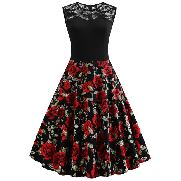 Lace Stitching Sleeveless Hot-selling Floral-print Retro Dress - Memoriex 