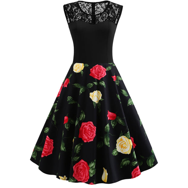 Lace Stitching Sleeveless Hot-selling Floral-print Retro Dress - Memoriex 