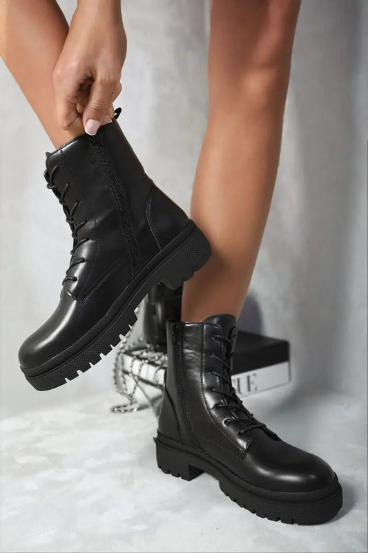 Lace Up Side Zip Chunky Ankle Boots - Memoriex 