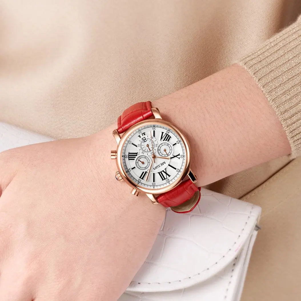 MEGIR Top Brand Quartz Watch for Women Leather Strap Ladies Casual Sport Wristwatch Luxury Waterproof Watches Clock 2058-2