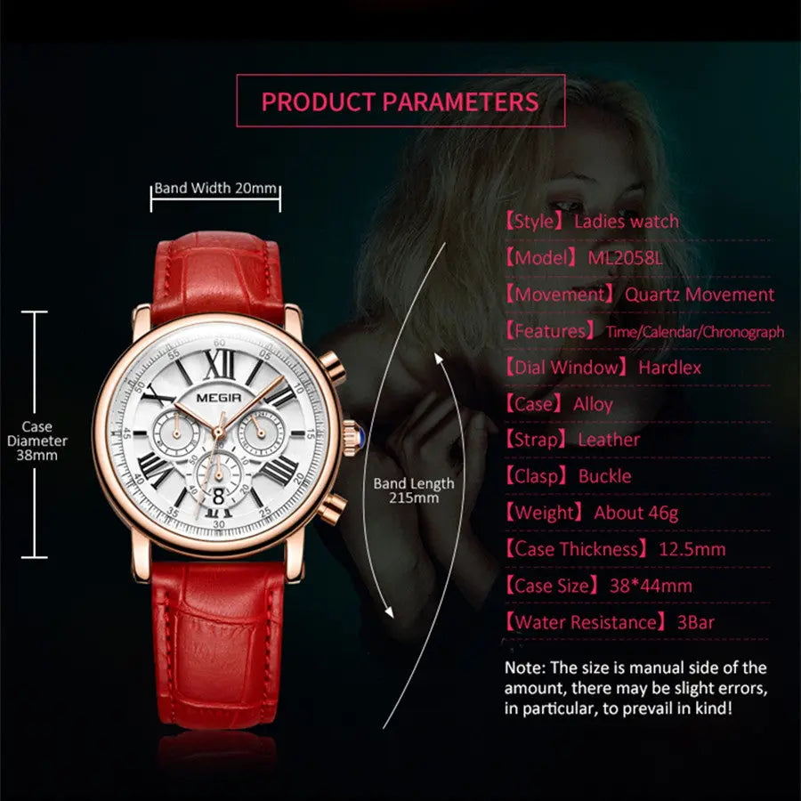 MEGIR Top Brand Quartz Watch for Women Leather Strap Ladies Casual Sport Wristwatch Luxury Waterproof Watches Clock 2058-9