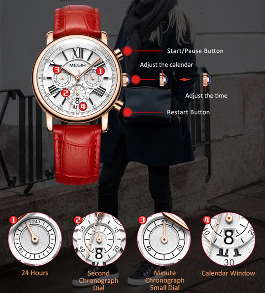 MEGIR Top Brand Quartz Watch for Women Leather Strap Ladies Casual Sport Wristwatch Luxury Waterproof Watches Clock 2058-10