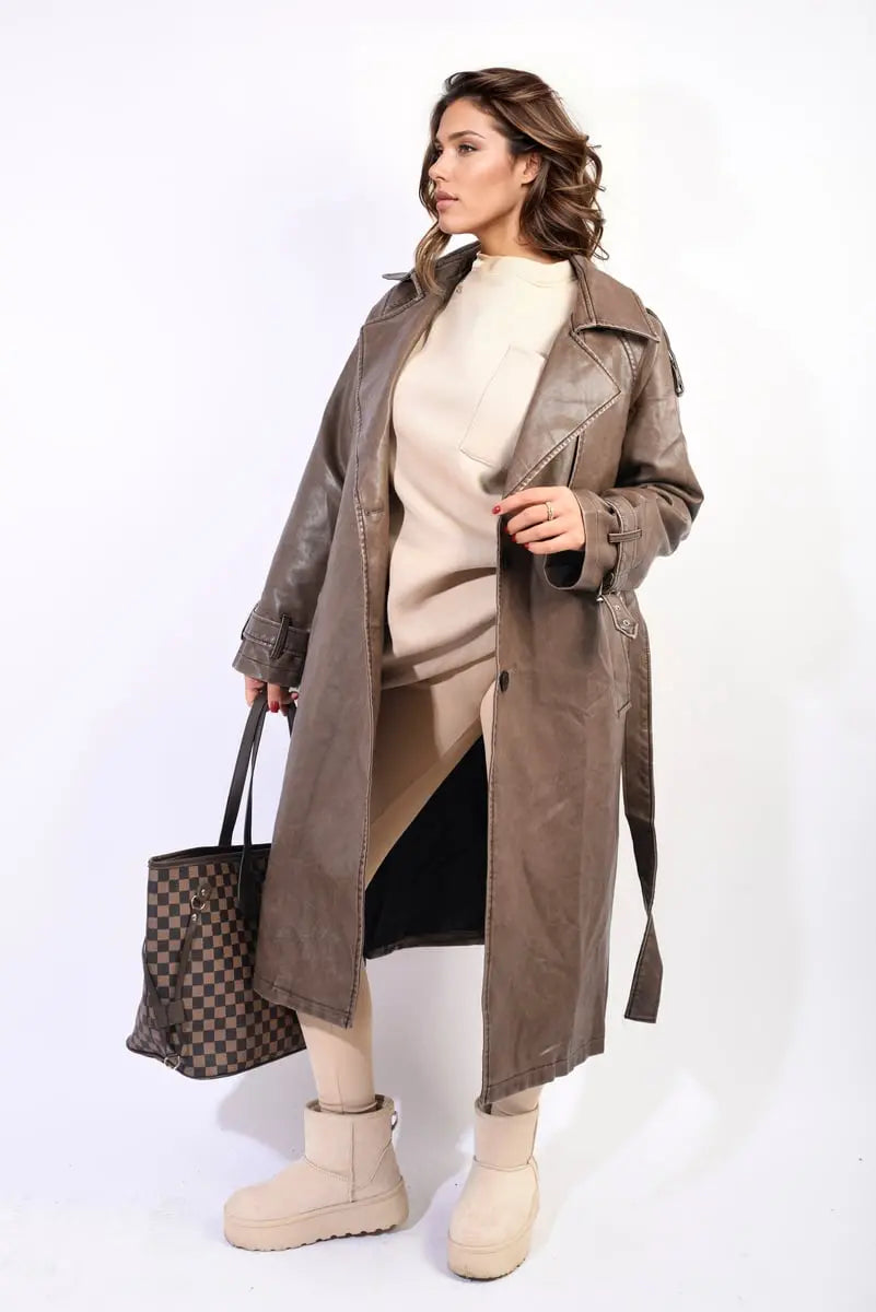 Lapel Neck Belted Trench Coat Jacket - Memoriex 