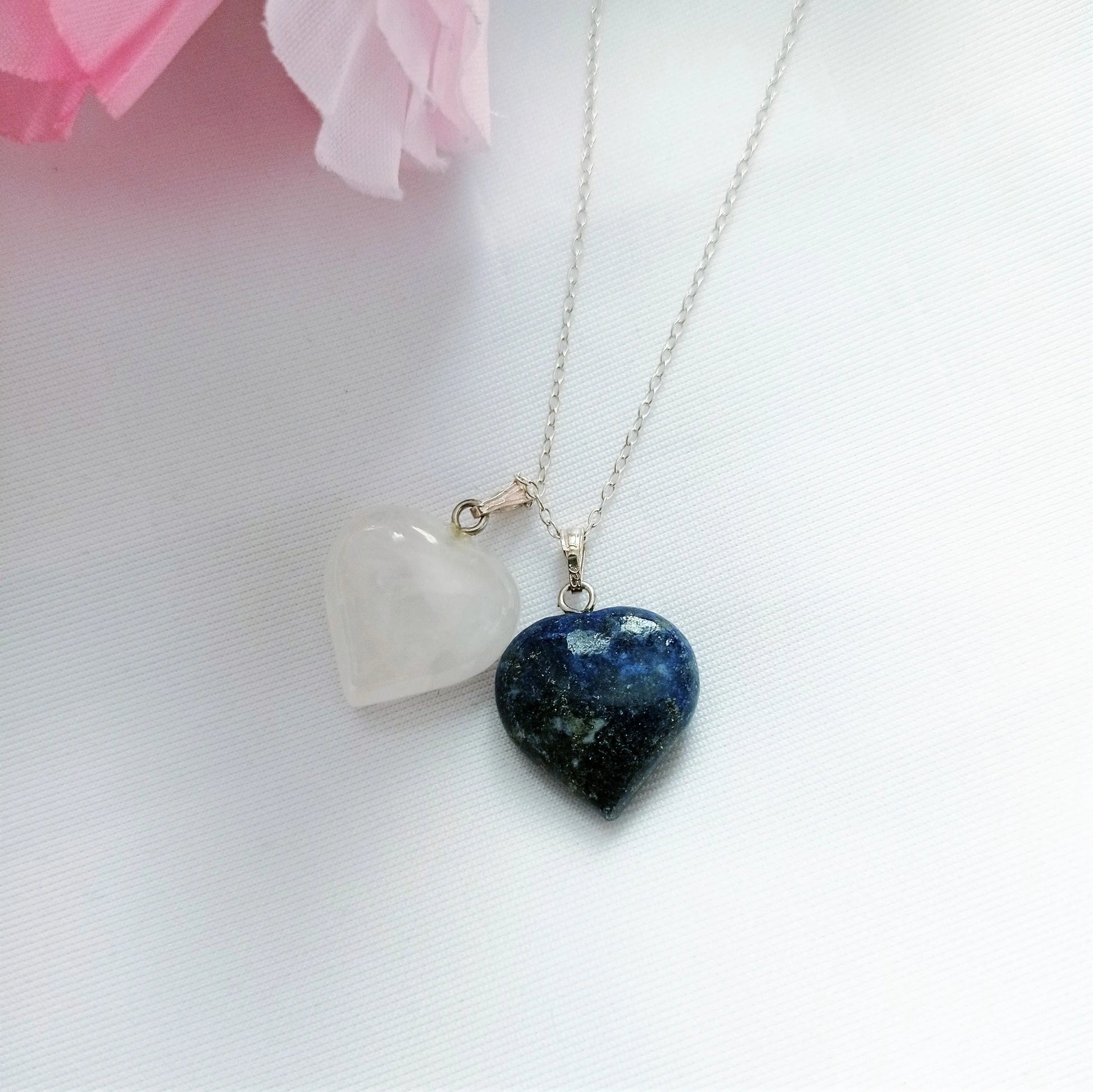 Lapis Lazuli and Rose Quartz Hearts Necklace - Memoriex