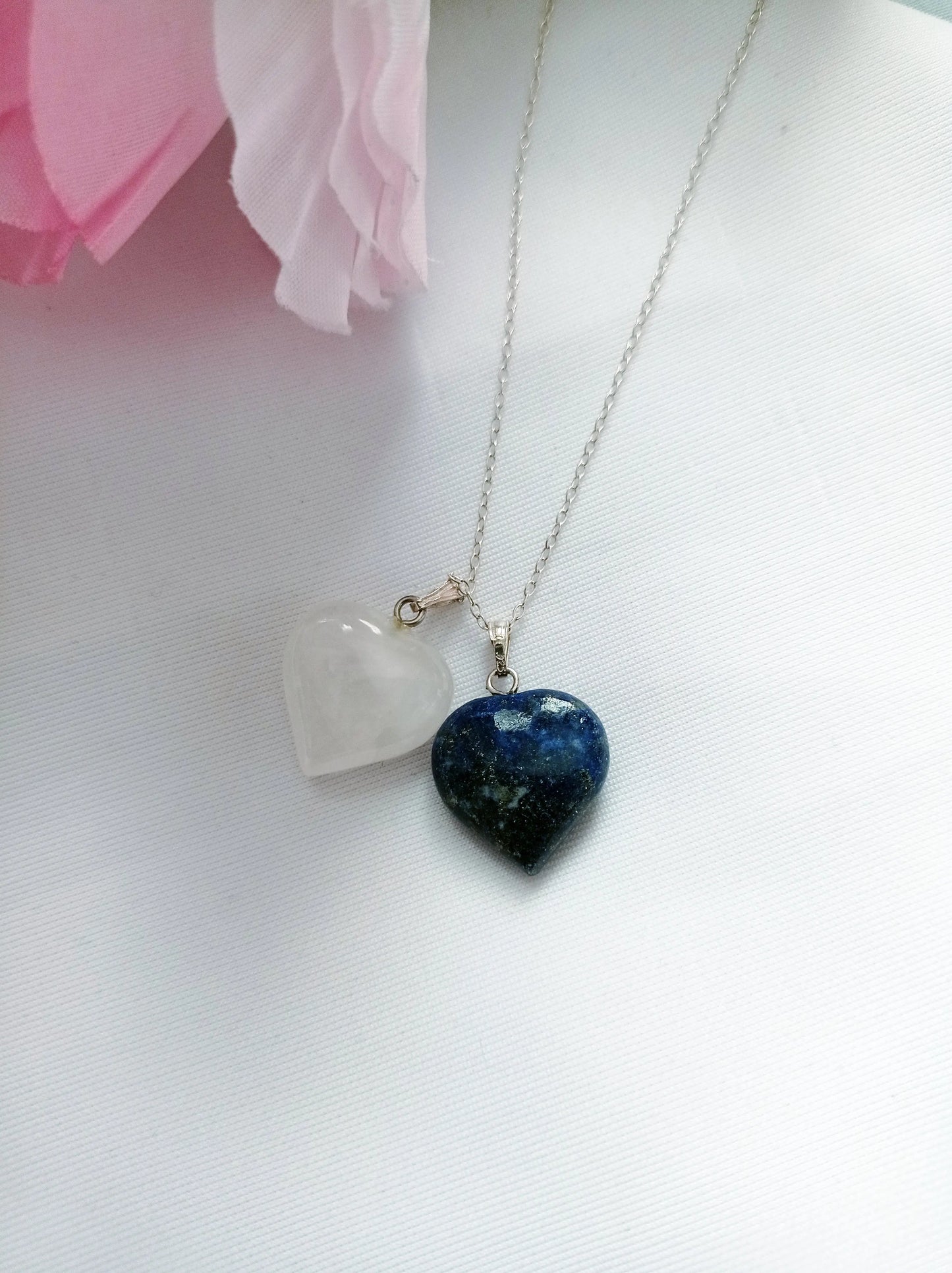 Lapis Lazuli and Rose Quartz Hearts Necklace - Memoriex