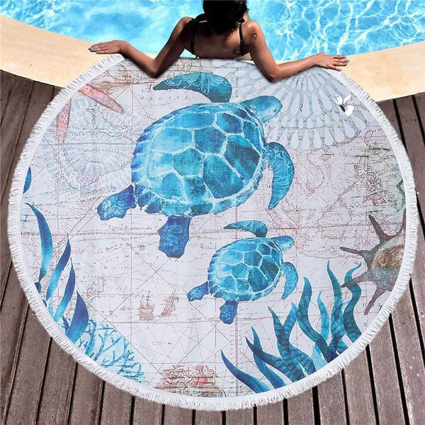 Large Bath Towel for Adults Beach Thick 150cm Round Microfiber Beach Towels Turtle Marine Printed Compressed Tapestry Yoga Mats - Memoriex 