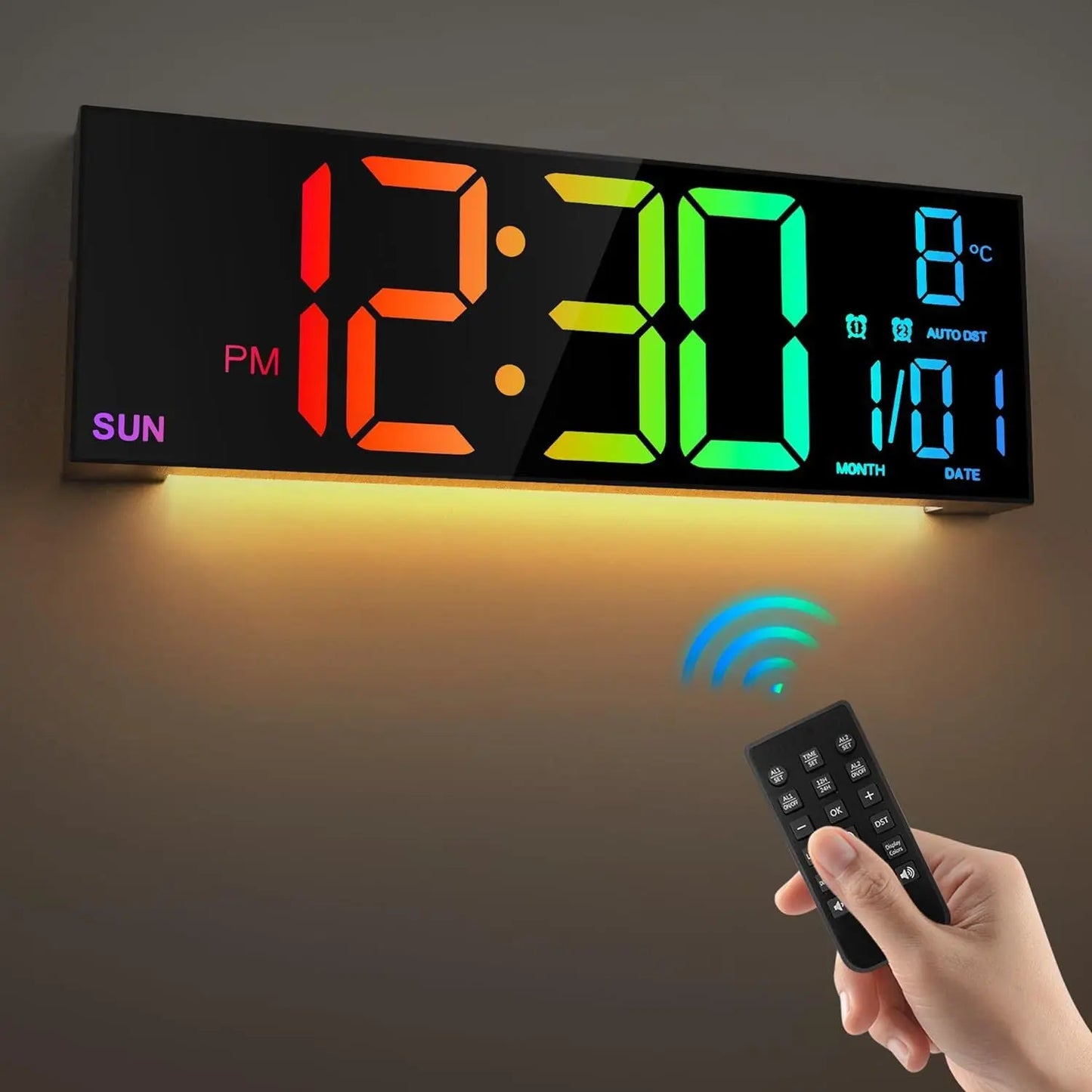 Large Digital Wall Clock with Remote Control Big LED/Dual Alarm/8 RGB Colors Digital Alarm Clock Electronic Watch - Memoriex 