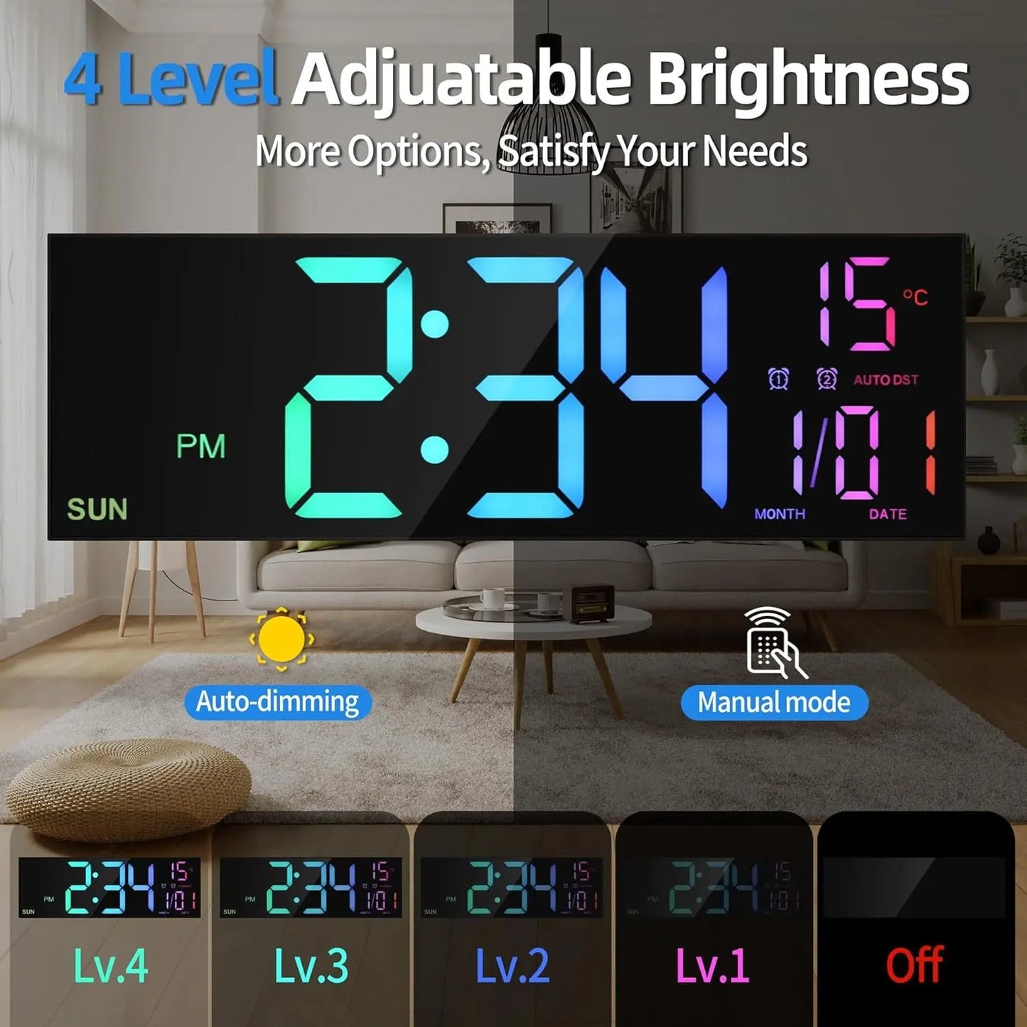 Large Digital Wall Clock with Remote Control Big LED/Dual Alarm/8 RGB Colors Digital Alarm Clock Electronic Watch - Memoriex 