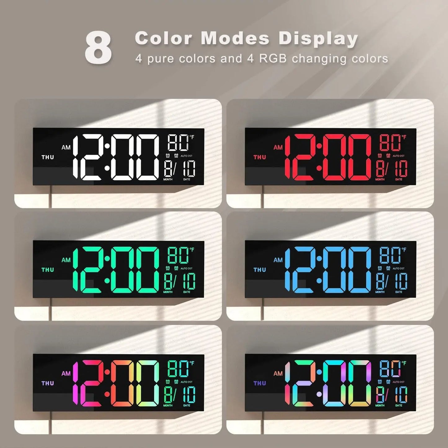 Large Digital Wall Clock with Remote Control Big LED/Dual Alarm/8 RGB Colors Digital Alarm Clock Electronic Watch - Memoriex 