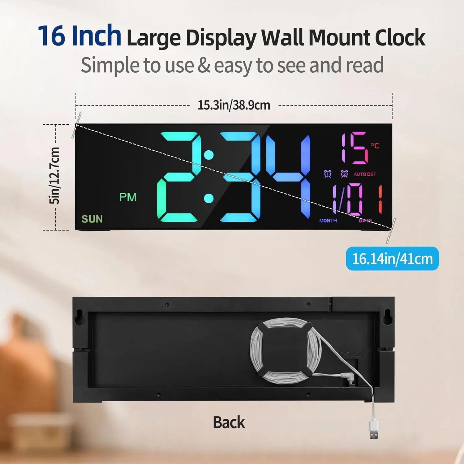 Large Digital Wall Clock with Remote Control Big LED/Dual Alarm/8 RGB Colors Digital Alarm Clock Electronic Watch - Memoriex 