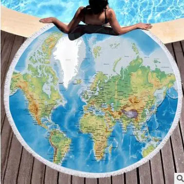 Large Round Beach Towel Adults Boys With Tassel World Map Summer Bath Towel Printed Microfiber 150cm Yoga Mat - Memoriex 