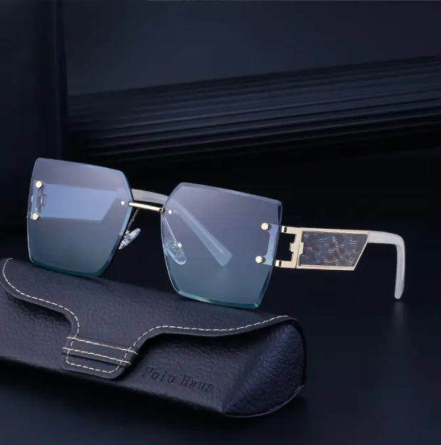 Large frame square frame sunglasses women trend frameless trimming wide temples sunglasses - Memoriex 