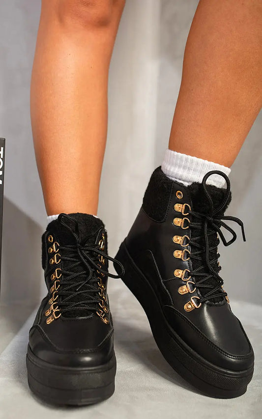 Leather Lace Up Front Platform Boots - Memoriex 