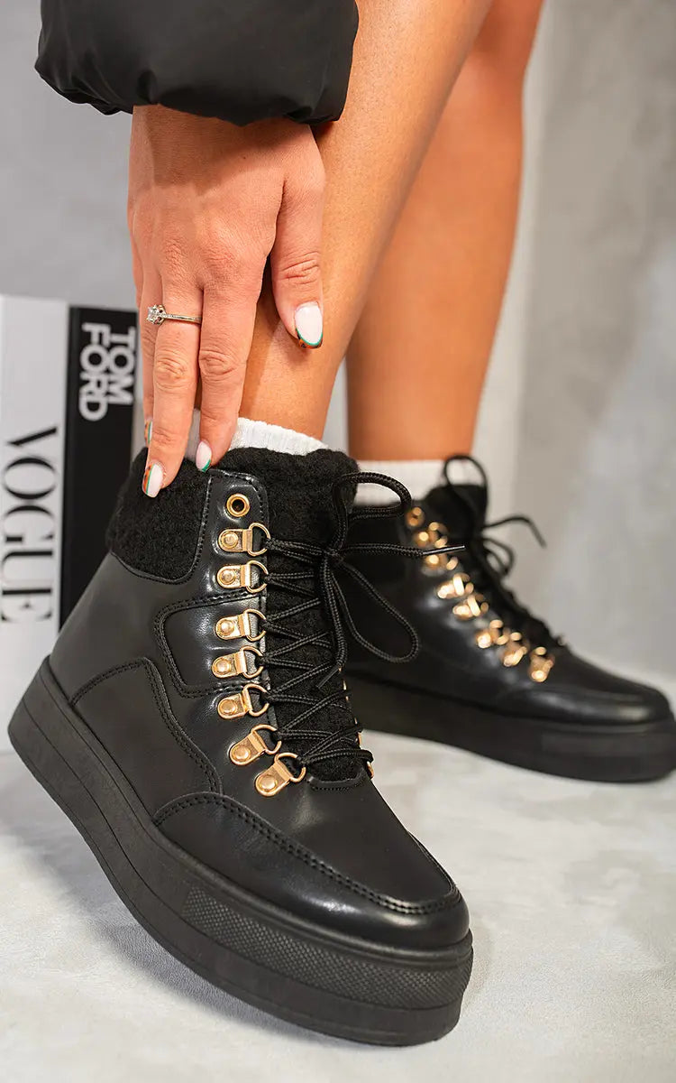 Leather Lace Up Front Platform Boots - Memoriex 