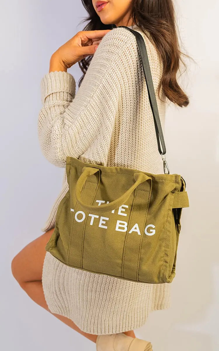 Letter Pattern Canvas Shoulder Shopper Tote Bag - Memoriex 