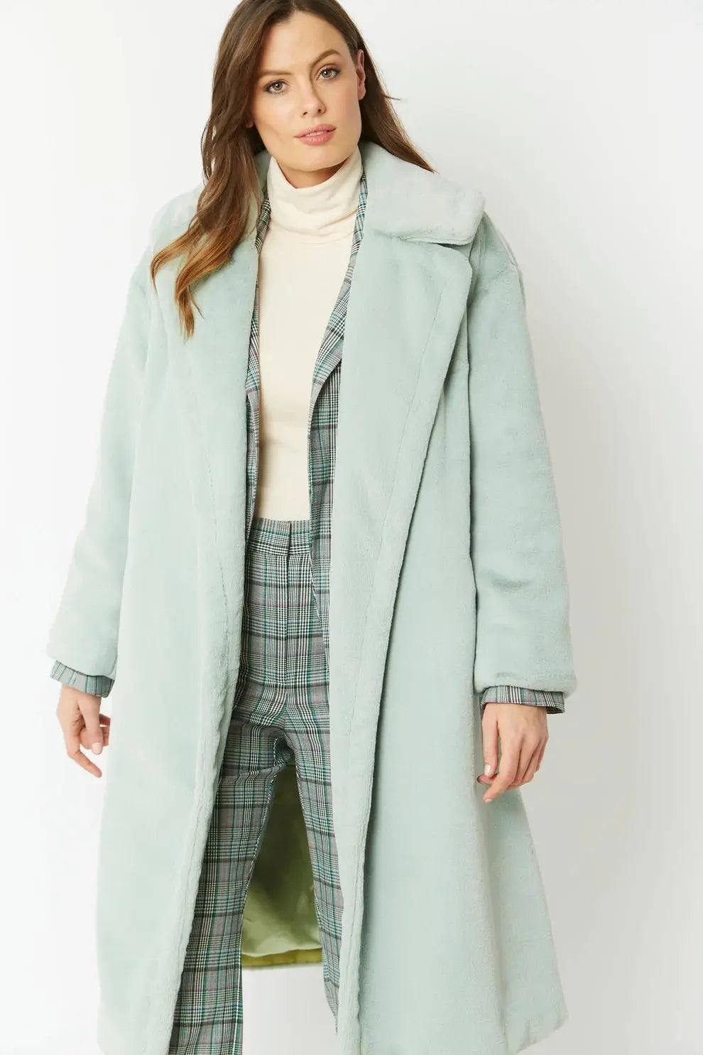 Light Green Faux Fur Midi Shaved Shearling Coat-0