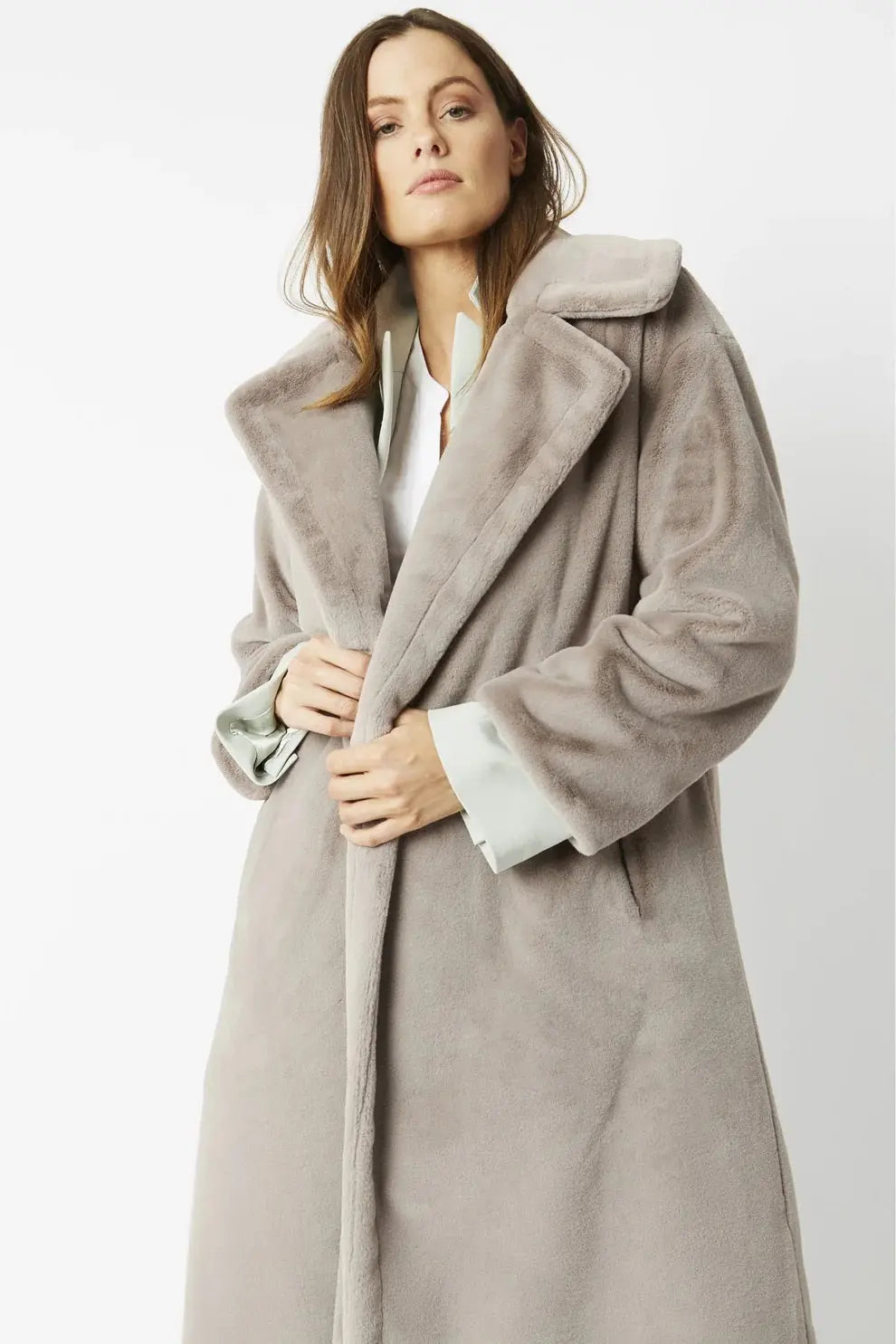 Light Grey Faux Fur Midi Shaved Shearling Coat-1