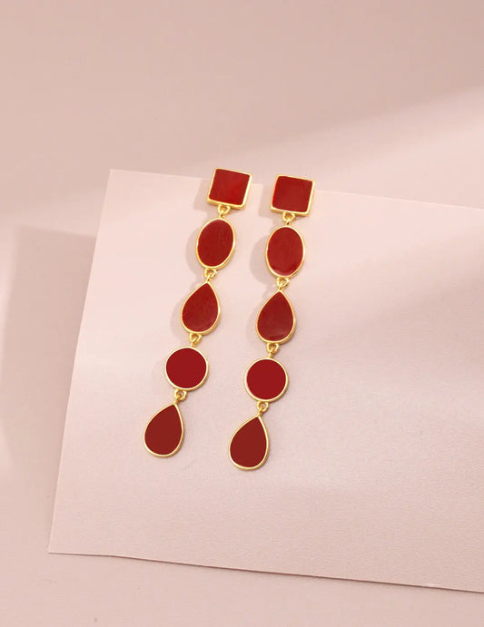 Long Red Drip Glaze Dangle Earrings-0