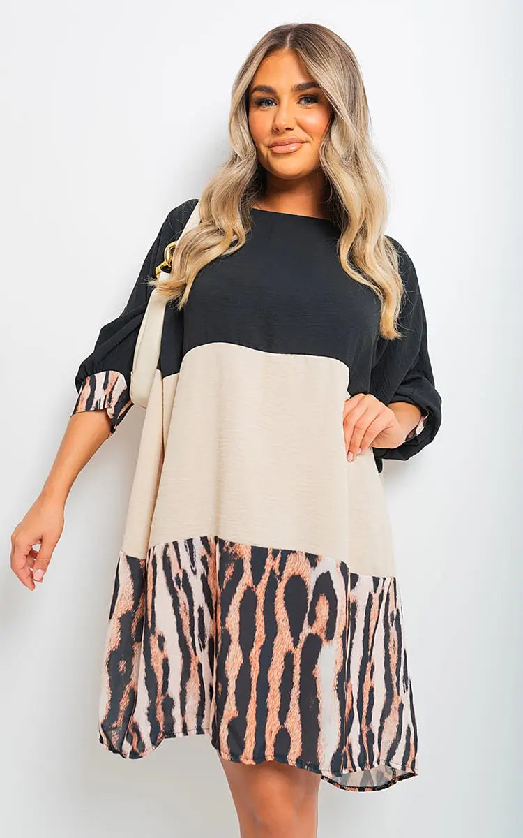 Long Sleeve Leopard Trim Print Oversized Mini Dress-7