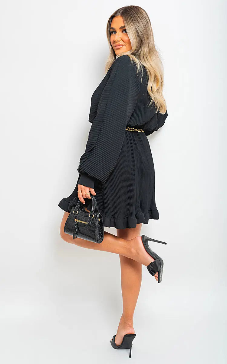 Long Sleeve Pleated Button Up Mini Dress - Memoriex 