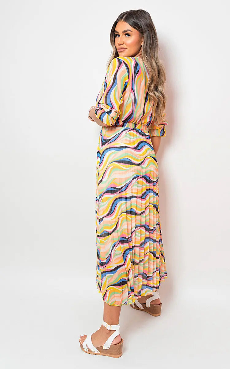 Long Sleeve Printed Maxi Dress with Belt Detail-0