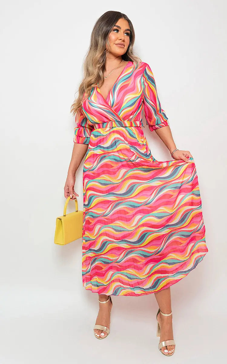 Long Sleeve Printed Maxi Dress with Belt Detail-7