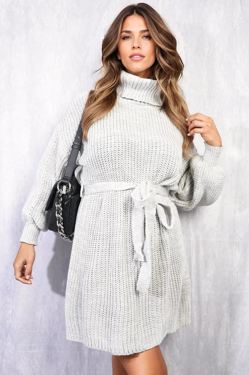 Long Sleeve Ribbed Knit Mini Dress With Belt - Memoriex 