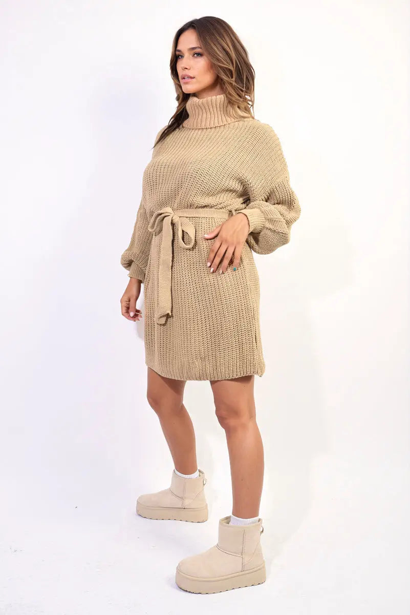 Long Sleeve Ribbed Knit Mini Dress With Belt - Memoriex 