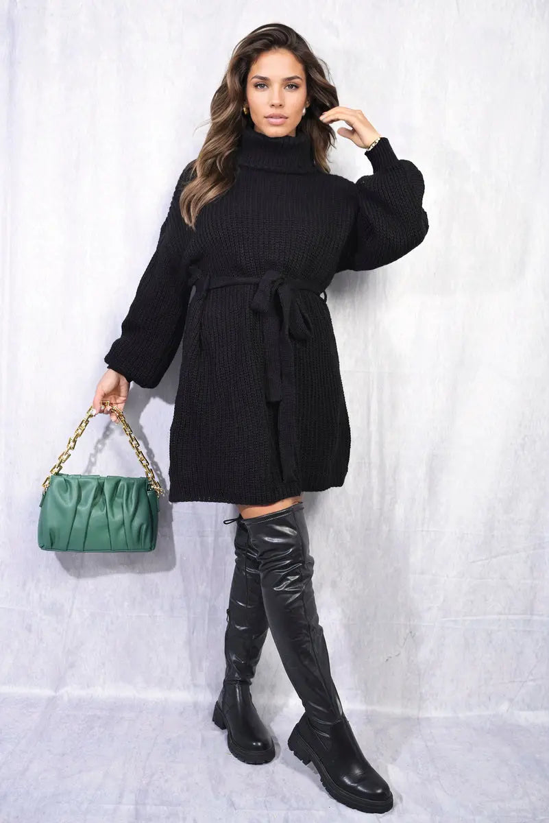 Long Sleeve Ribbed Knit Mini Dress With Belt - Memoriex 