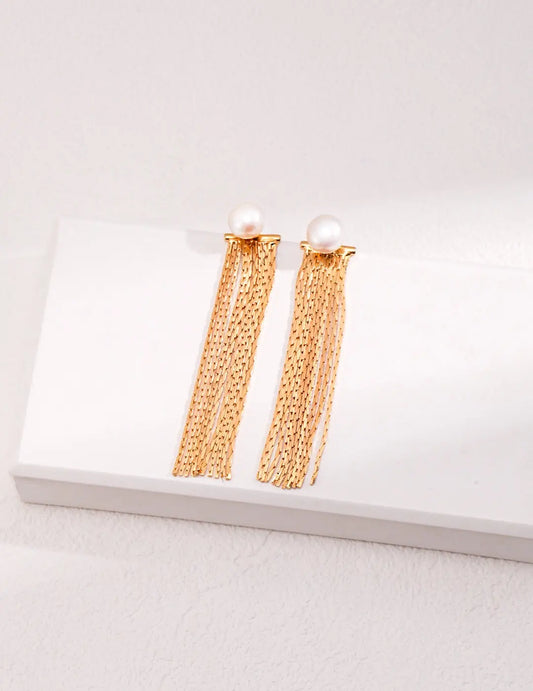 Long Tassel Pearl Earrings-0