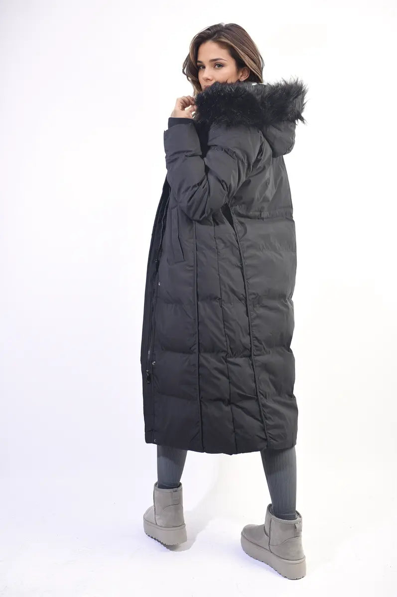 Longline Faux Fur Hooded Puffer Jacket-3