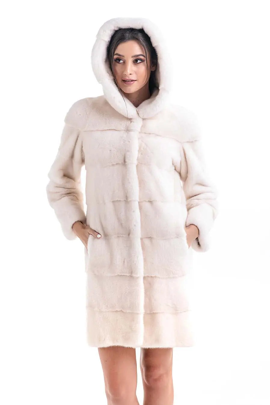 Luxury Ivory Natural Hooded Mink Fur Coat-2