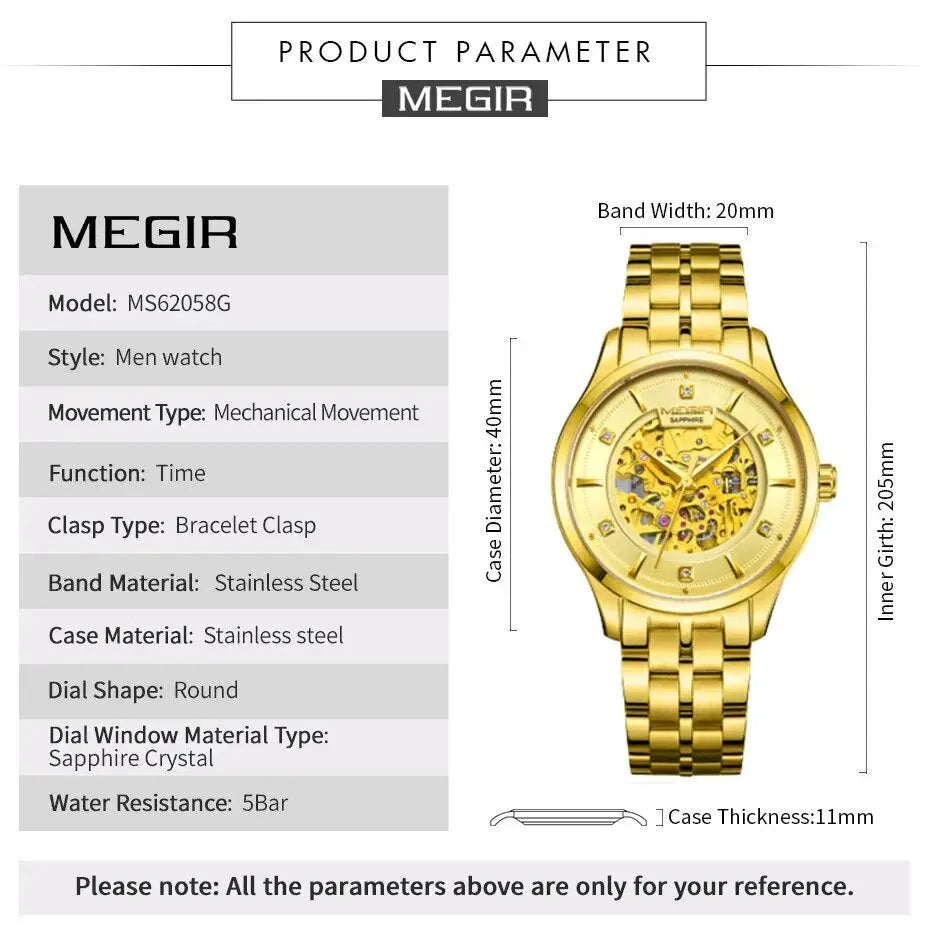 MEGIR Luxury Men Watches Waterproof Automatic Mechanical Watch Stainless Steel Sapphire Gold Business WristWatch Reloj Hombre-4