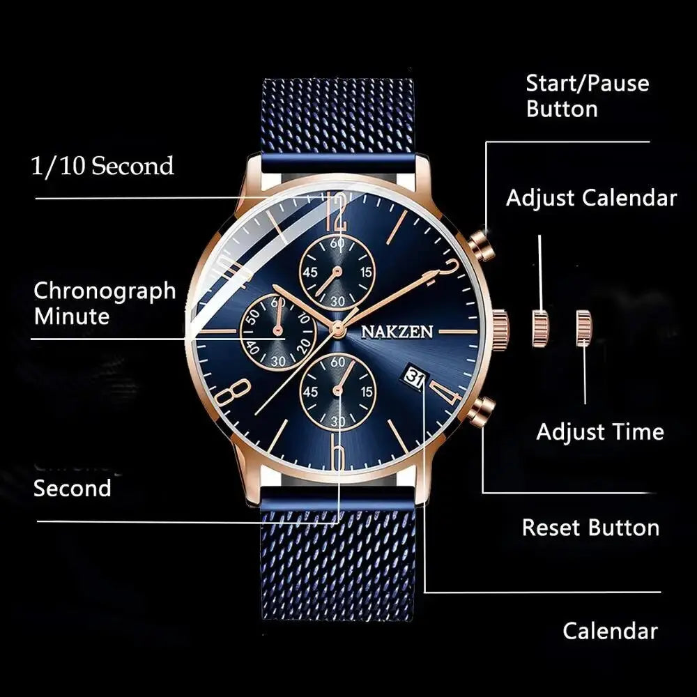 Luxury Quartz Watches Men Brand NAKZEN Men's Business Sport Watch Waterproof Chronograph Wristwatches Relogio Masculino-4