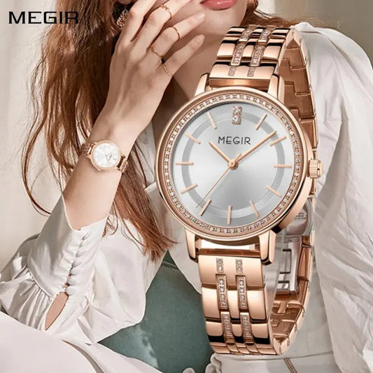 MEGIR Luxury Watches for Women Stainless Steel Dress Clock Fashion Elegant Wristwatch Quartz Watch Ladies Clock Reloj Mujer 7012-0