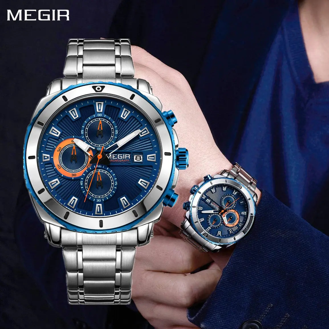 MEGIR Chronograph Quartz Men Watch Luxury Brand Stainless Steel Business Wrist Watches Male Clock Hour Time Relogio Masculino-0