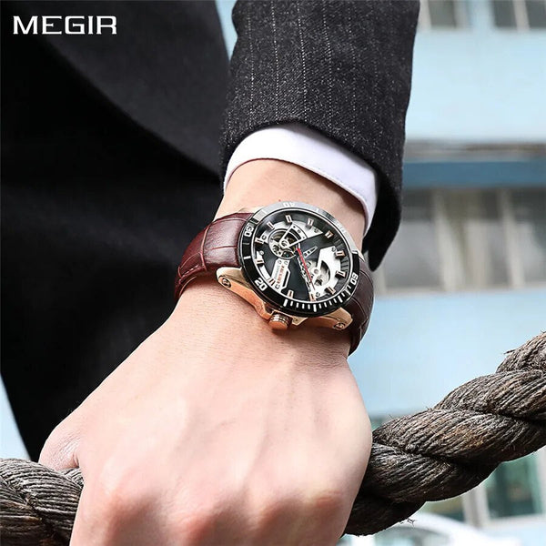 MEGIR Fashion Leather Watches for Men Sapphire Stainless Steel Automatic Mechanical Watch Sports Clock Montre Homme - Memoriex 