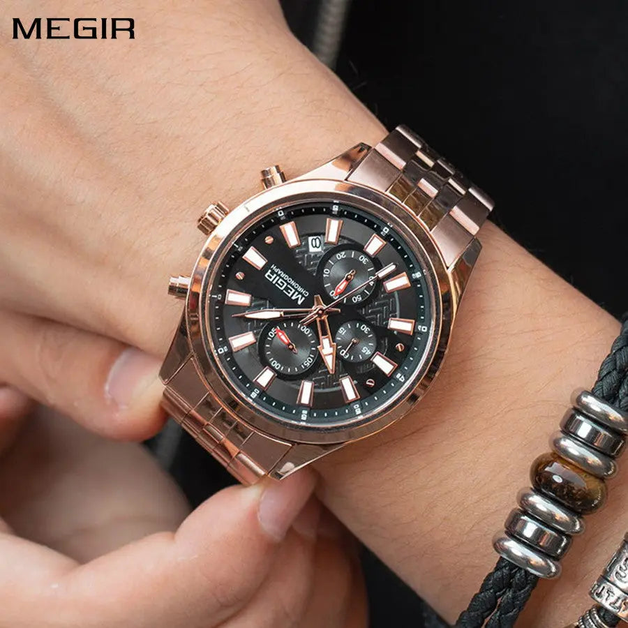 MEGIR Fashion Men Watches Luxury Business Wristwatch Stainless Steel Quartz Watch Calendar Luminous Man Clock Relogio Masculino-0