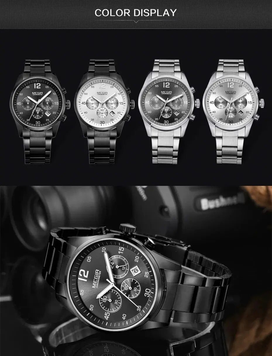 MEGIR Fashion Men Watches Luxury Stainless Steel Business Wristwatch Waterproof Date Quartz Man Clock Relogio Masculino-4