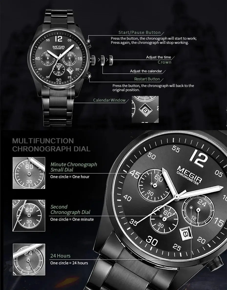 MEGIR Fashion Men Watches Luxury Stainless Steel Business Wristwatch Waterproof Date Quartz Man Clock Relogio Masculino-5