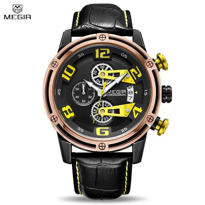 MEGIR Fashion Mens Watches Luxury Sports Watches Leather Strap Army Military Quartz Wristwatch Chronograph Male Clock 2078-1