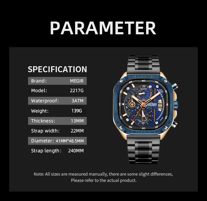 MEGIR Luxury Mens Stainless Steel Watches Fashion Brand Business Quartz Wristwatch Date Luminous Man Chronograph Casual Clock-10