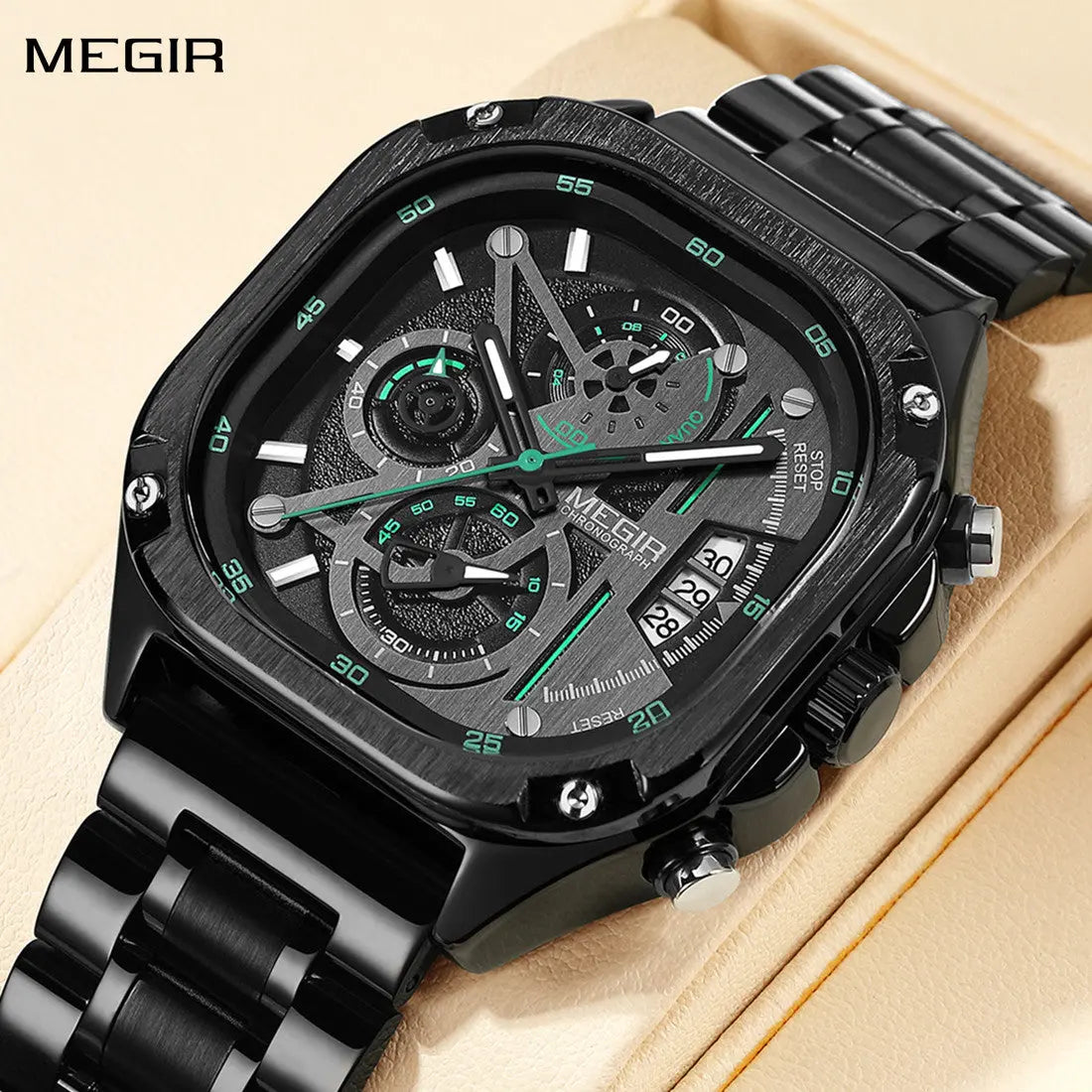 MEGIR Luxury Mens Stainless Steel Watches Fashion Brand Business Quartz Wristwatch Date Luminous Man Chronograph Casual Clock-0