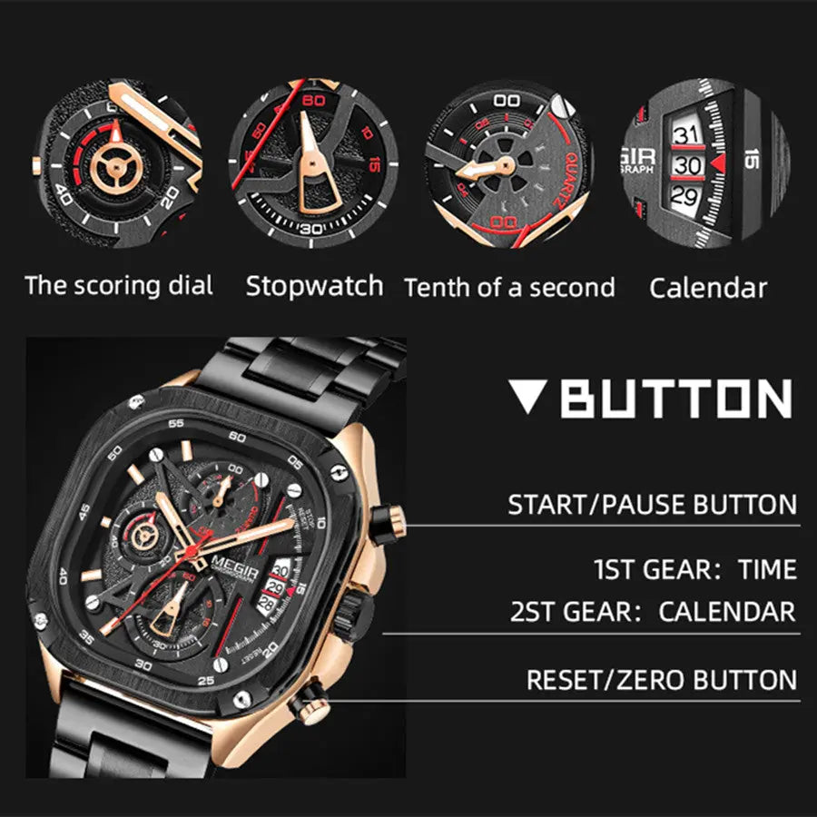 MEGIR Luxury Mens Stainless Steel Watches Fashion Brand Business Quartz Wristwatch Date Luminous Man Chronograph Casual Clock-14