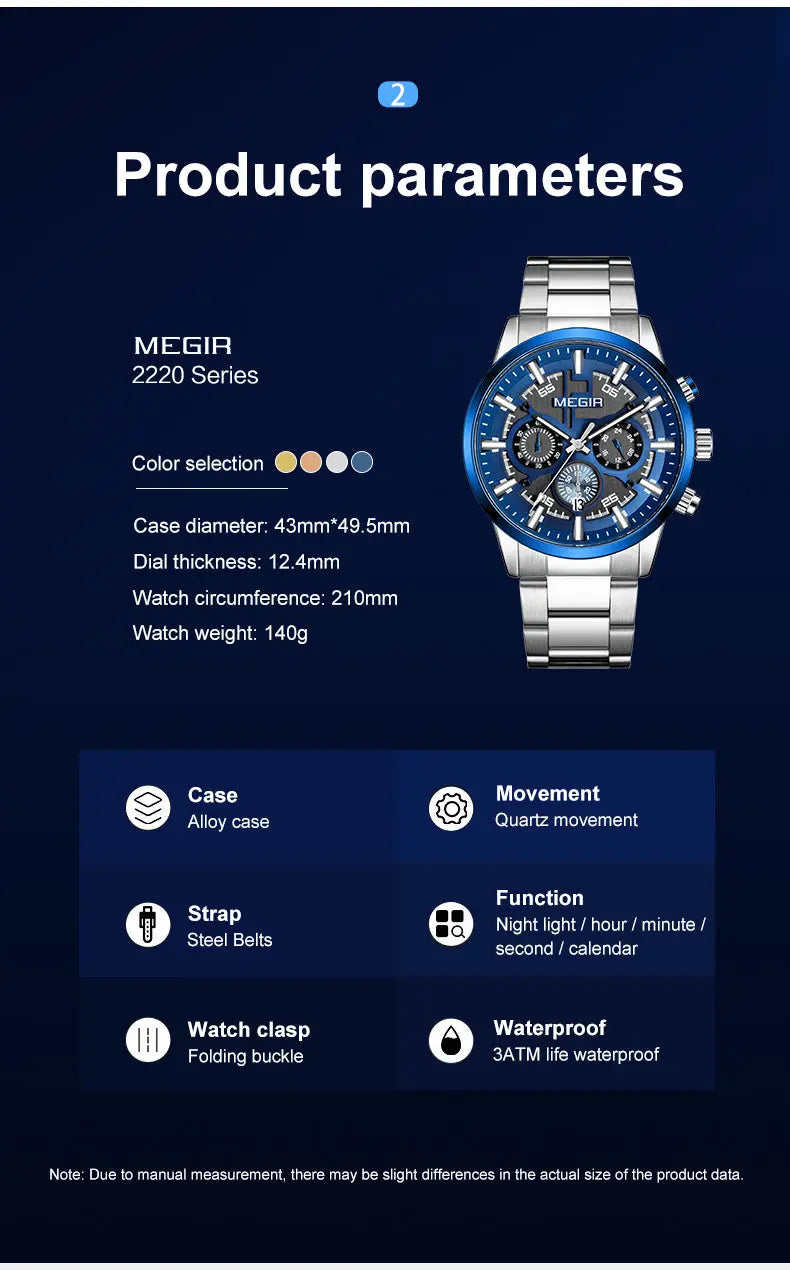 MEGIR Luxury Watch Mens Business Watches Calendar Stainless Steel Quartz Wrist Watch Clock Casual Chronograph Relogio Masculino-8